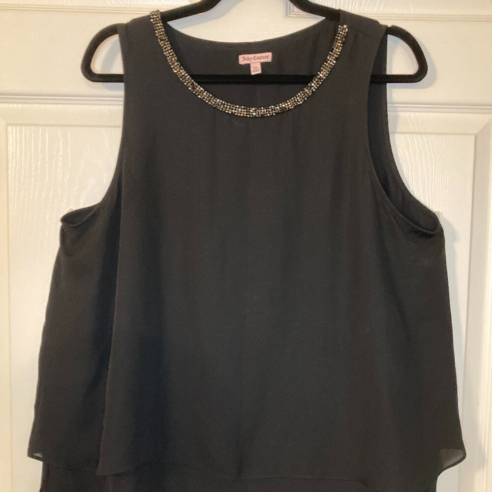 Juicy Couture Women's Black Tank Top - Rhinestone Trim Neckline - Size XL